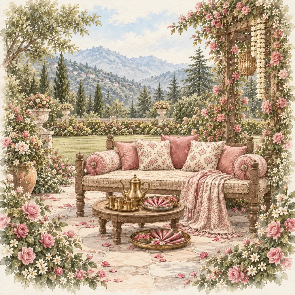 A rose garden setting with pink flowers, a woven bench and soft floral fabrics