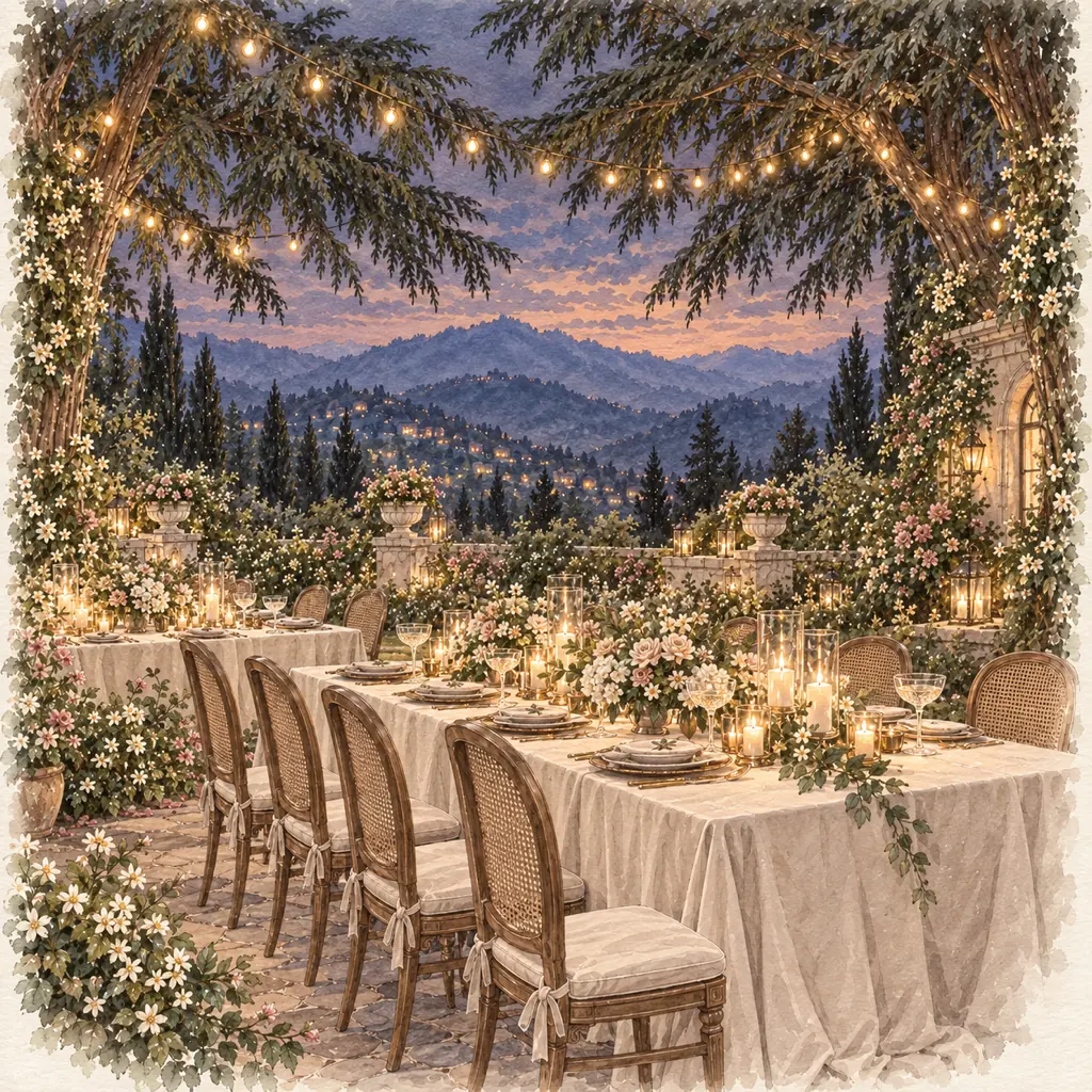 An intimate garden evening under a canopy of warm lights, with champagne linens and flowers